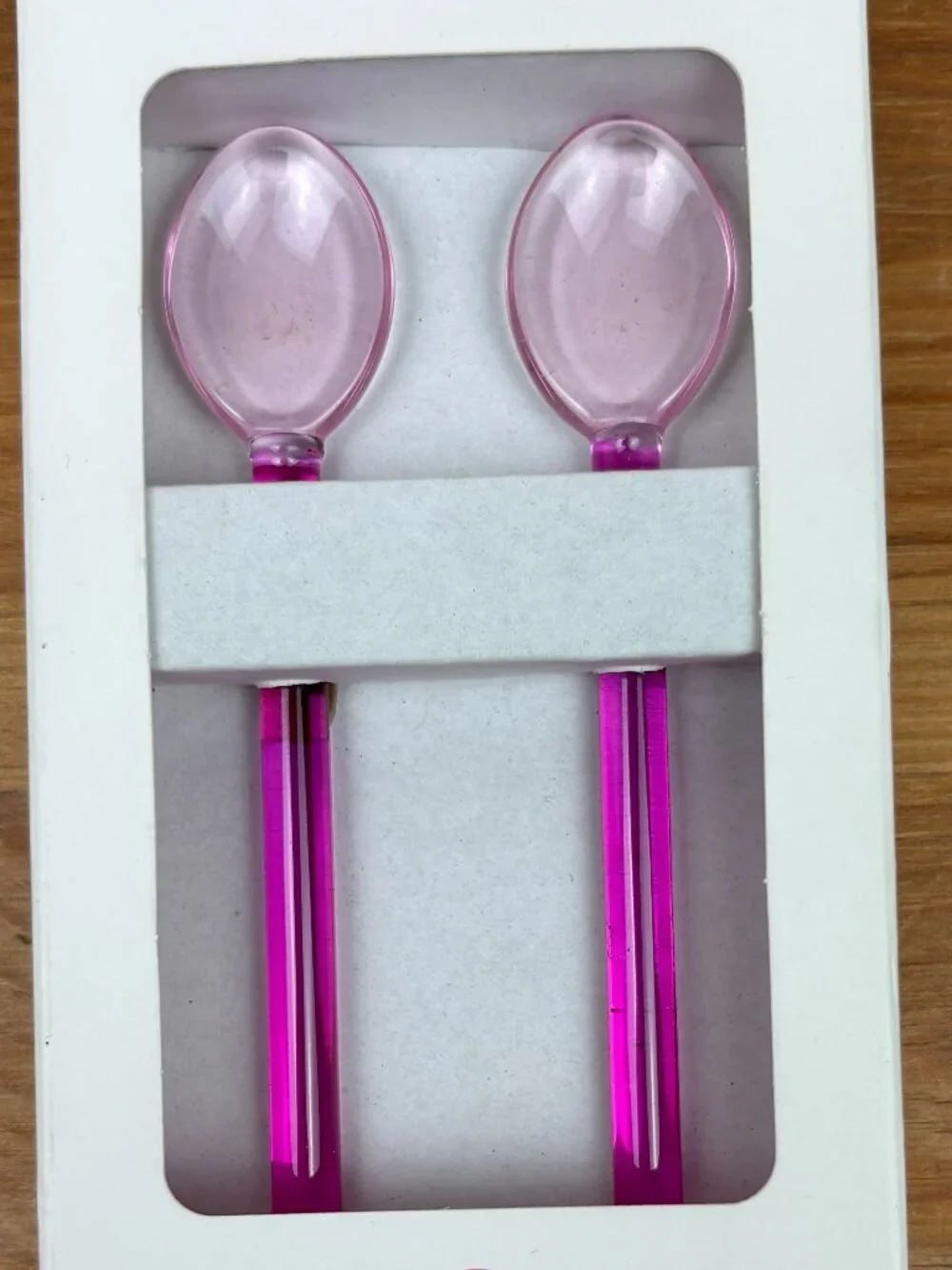 Set of two stylish pink glass spoons for coffee, tea, or cocktails. New